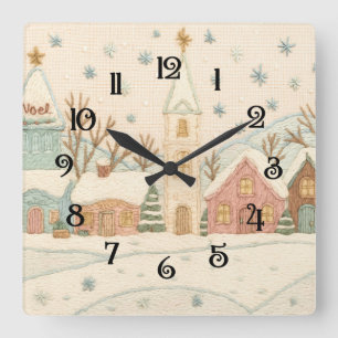 Horloge Carrée Broderie Noël Snowy Village scène