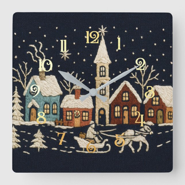 Horloge Carrée Broderie Noël Snowy Village Scène Bleu (Recto)