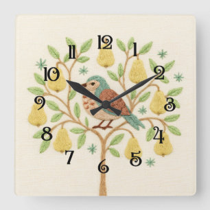Horloge Carrée Broderie Perdrix de Noël dans un arbre à poires