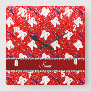 Horloge Carrée Brosses et dent rouges au néon nommées faites su