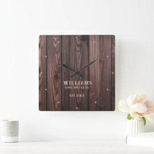 Horloge Carrée Brown en bois de noyer rustique personnalisé