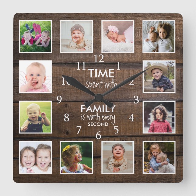 Horloge Carrée Brown Wood 12 Modèle photo Temps Famille Citation (Recto)