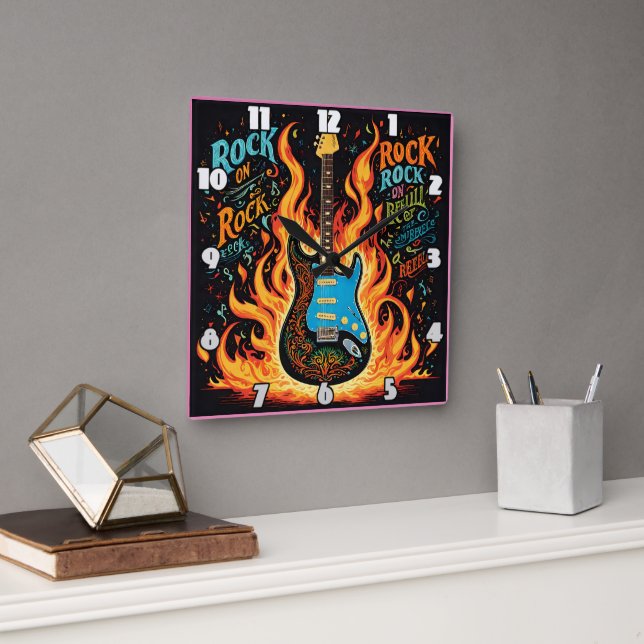 Horloge Carrée Brûler la guitare enflamme l'esprit rock (Bureau)