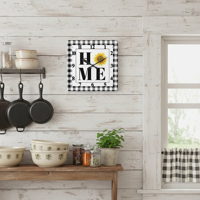 Horloge Carrée Buffalo check sunflower "Home"   (Créateur téléchargé)