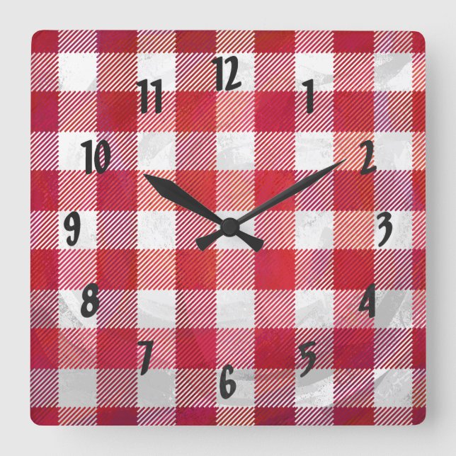 Horloge Carrée Buffalo plaid rouge et blanc (Recto)