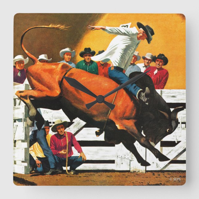 Horloge Carrée Bull Riding par Fred Ludekens (Recto)