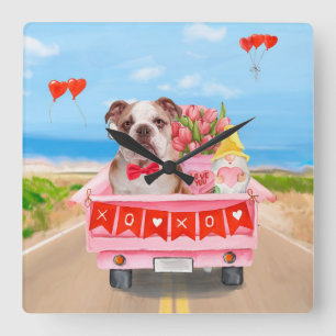 Horloge Carrée Bulldog anglais Saint-Valentin Coeurs de camion