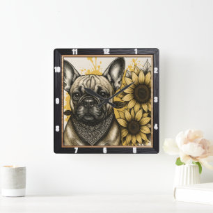 Horloge Carrée Bulldog Tournesol Graphique