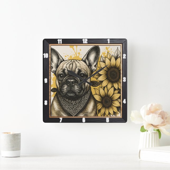 Horloge Carrée Bulldog Tournesol Graphique (Maison)