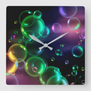 Horloge Carrée Bulle Iridescente sur noir