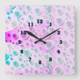 Horloge Carrée Bulles montantes (rose&bleu)