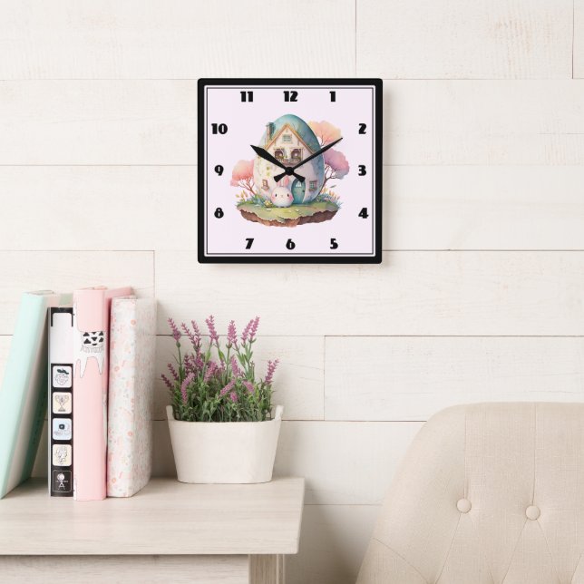 Horloge Carrée Bunny Rose & Oeuf Formé Maison Kawaii Style (Salle de lecture)