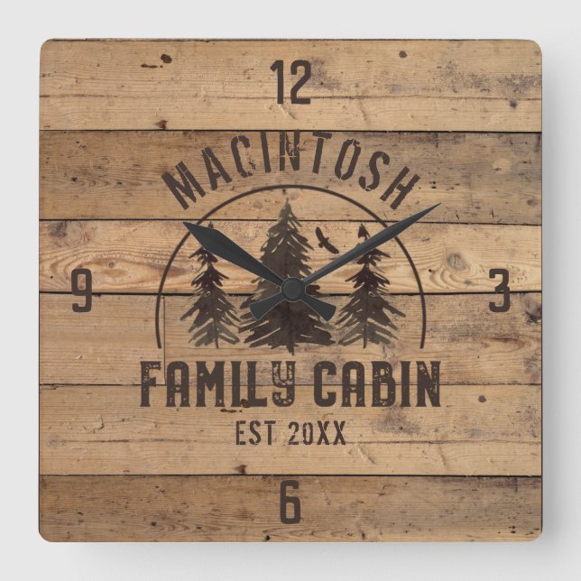 Horloge Carrée Cabine de famille Rustic Wood Forest Trees Personn (Recto)