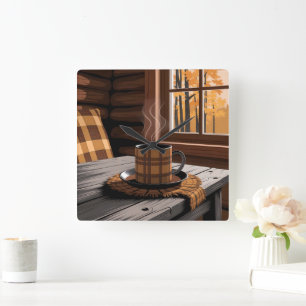Horloge Carrée Cabine Plaid Café Automne Forêt Rustique Accueil A