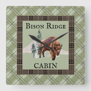 Horloge Carrée Cabine rustique de Bison Buffalo à l'aquarelle ver