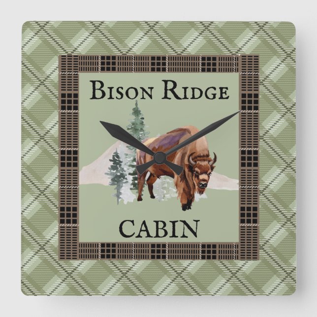 Horloge Carrée Cabine rustique de Bison Buffalo à l'aquarelle ver (Recto)