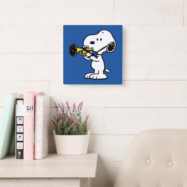 Horloge Carrée cacahuètes | Joueur de trompette Snoopy (Salle de lecture)