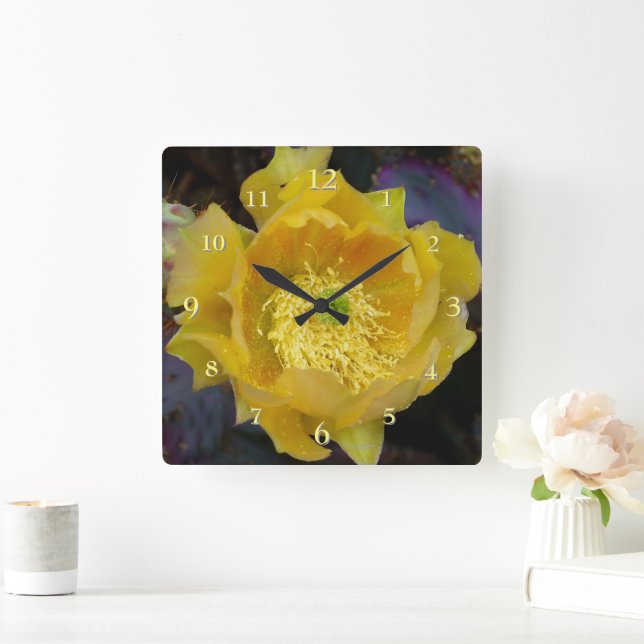 Horloge Carrée Cactus de prickly pourpre avec Fleur Jaune (Maison)