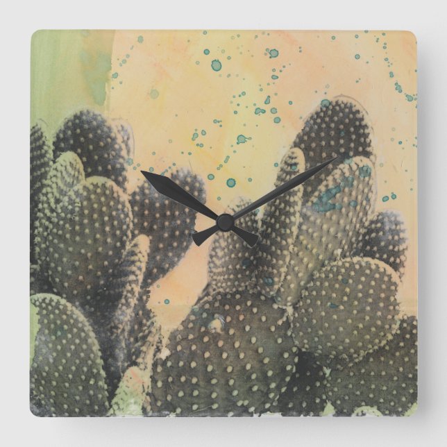 Horloge Carrée Cactus du désert | Plat vert (Recto)