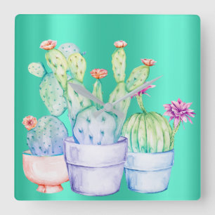 Horloge Carrée Cactus Fleurs Monnaie rose Pêche Corail Peinture