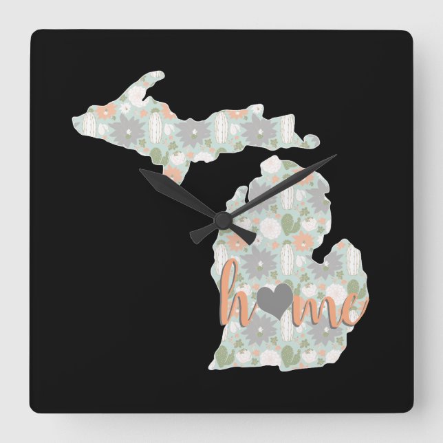 Horloge Carrée Cactus Rempli Michigan Silhouette Avec Maison (Recto)