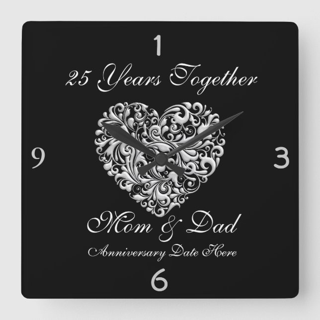 Horloge Carrée CADEAU MUR DE L'ARGENT PARENTS 25e Anniversaire (Recto)