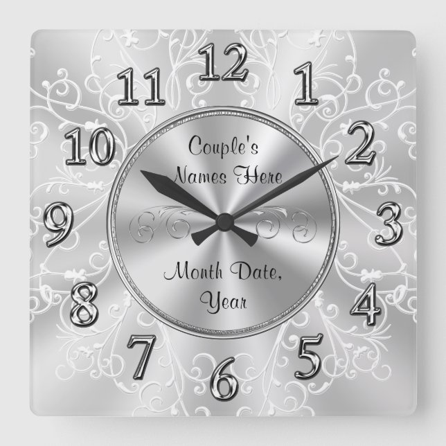Horloge Carrée Cadeaux de Fête de l'mariée personnalisés, gris ar (Recto)