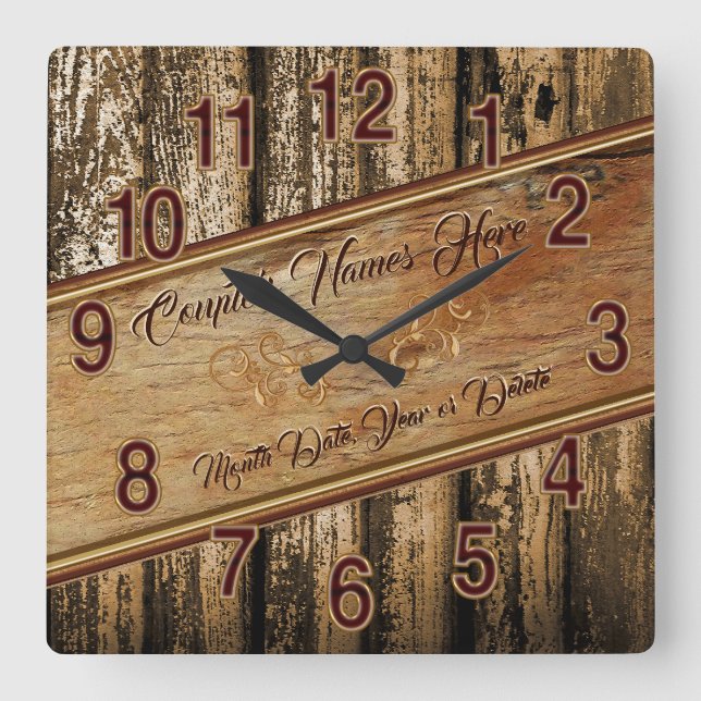 Horloge Carrée Cadeaux de mariage personnalisés rustiques pour co (Recto)