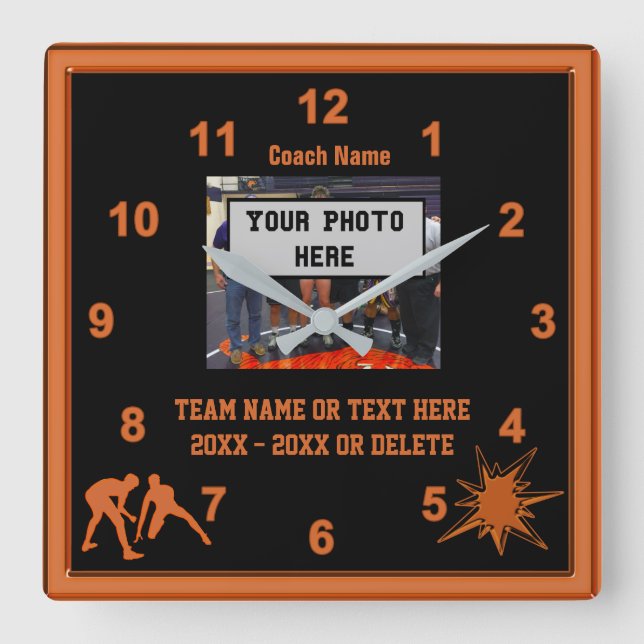 Horloge Carrée Cadeaux d'entraîneurs de lutte noir et orange PHOT (Recto)