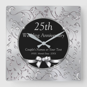Horloge Carrée Cadeaux du 25e anniversaire du Mariage noir et arg