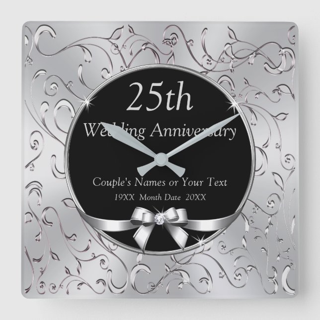 Horloge Carrée Cadeaux du 25e anniversaire du Mariage noir et arg (Recto)