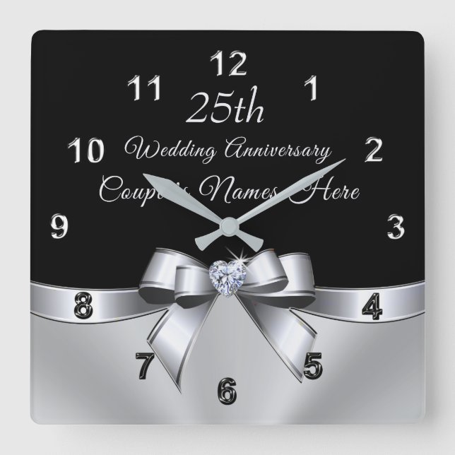 Horloge Carrée Cadeaux personnalisés de 25 ans pour Mariage (Recto)