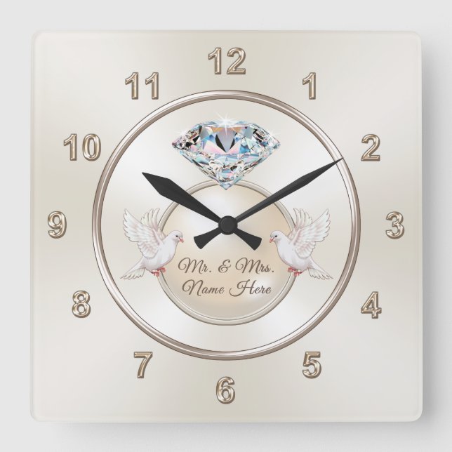 Horloge Carrée Cadeaux personnalisés M. et Mme Wedding, Mariage (Recto)