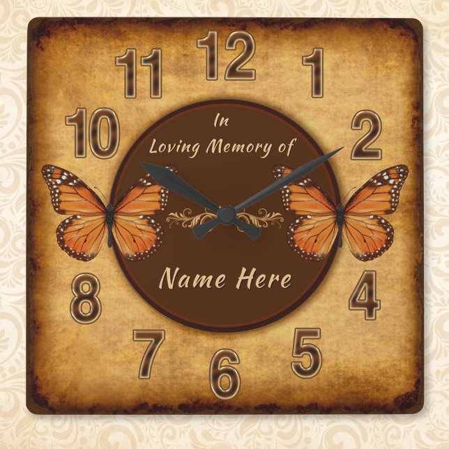 Horloge Carrée Cadeaux Personnalisés Vintage En Mémoire D'un Être (Personalized, Butterfly memorial gifts. Monarch butterfly memorial gifts. Butterfly wall clock. )
