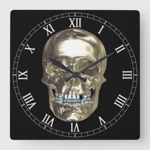 Horloge Carrée Cadran à chiffres romains Chrome Skull Square