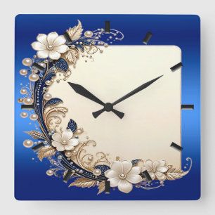 Horloge Carrée Cadran de mur orné de fleurs blanches bleues