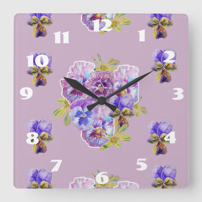 Horloge Carrée Cadran de salle Pensées Lilas Chic Démodé (Recto)
