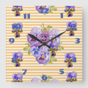 Horloge Carrée Cadran d'horloge d'art floral de pensées jaunes Sh