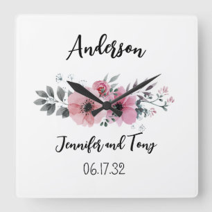 Horloge Carrée Cadran Floral Fleurs Roses et Cadeau de Mariage Ro