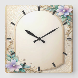 Horloge Carrée Cadran mural à cadre floral décoratif avec perles