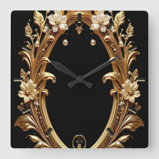 Horloge Carrée Cadran mural à cadre orné de fleurs dorées