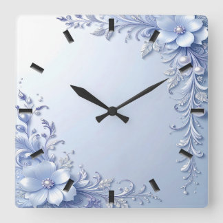 Horloge Carrée Cadran mural aux fleurs ornées bleues avec perles