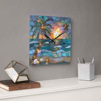 Horloge Carrée Cadran mural en verre coloré Coucher de soleil sur