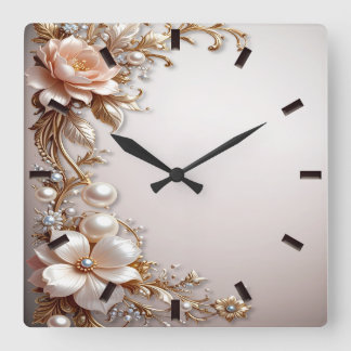 Horloge Carrée Cadran mural Fleurs roses et blanches tendres