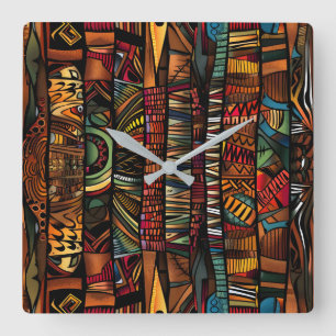 Horloge Carrée Cadran mural motif tribal africain