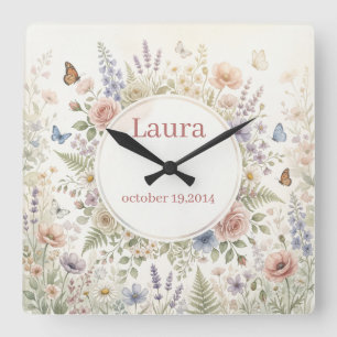 Horloge Carrée Cadran Personnalisé Aquarelle Florale Envoûtante