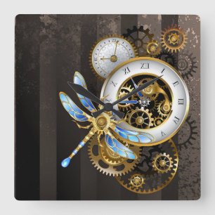 Horloge Carrée Cadran Steampunk avec libellule