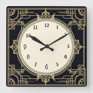 Horloge Carrée Cadre Art Déco Gold et Black Carré