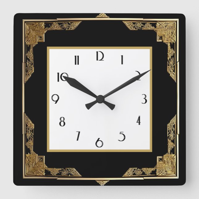 Horloge Carrée Cadre Carré Gold et Black Art Déco (Recto)