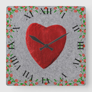 Horloge Carrée Cadre de rose avec coeur